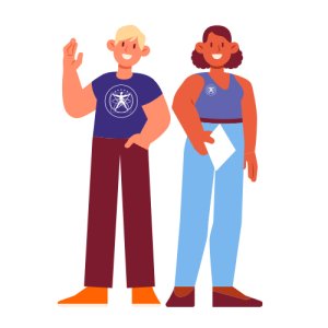 Illustration of two people wearing purple Da Vinci Science Center shirts, greeting passersby, and handing out Da Vinci Science Center literature