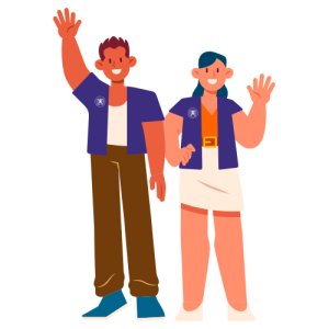 Illustration of two people wearing purple Da Vinci Science Center branded vests and greeting visitors